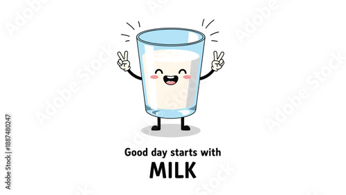 Friendly glass of milk character giving peace signs with both hands to promote healthy breakfast habits for kids.