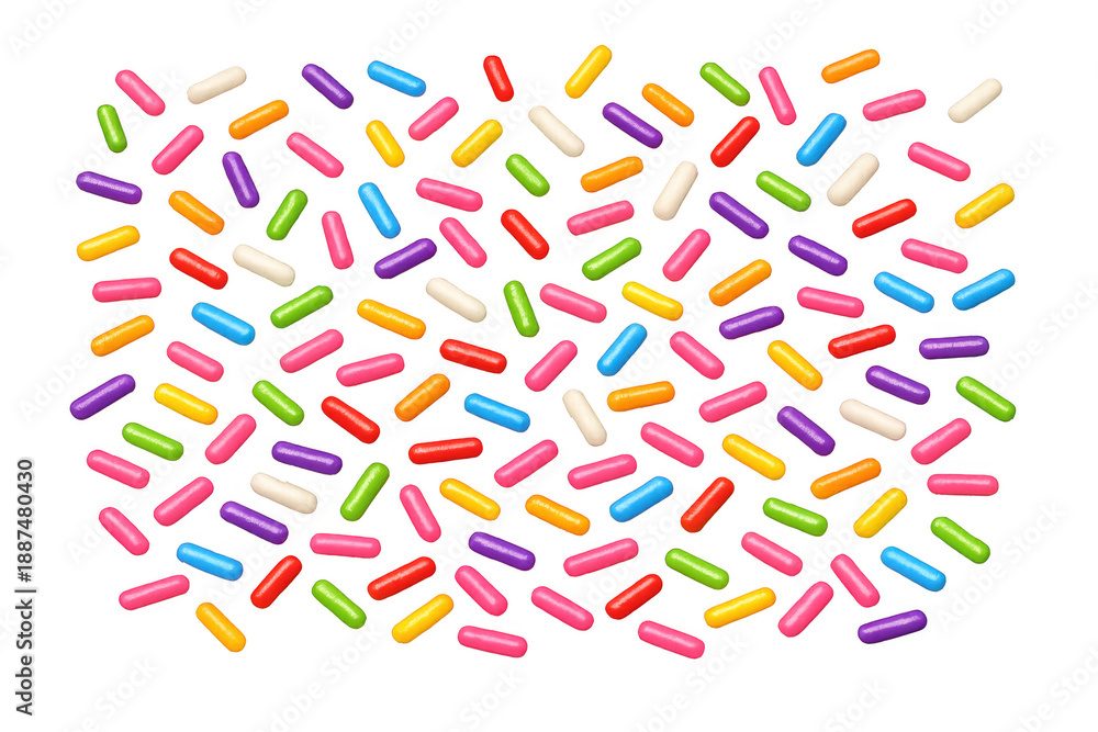 Fototapeta premium Rainbow sprinkles creating a colorful confectionery pattern, sweet sugar topping for dessert and celebration, transparent background
