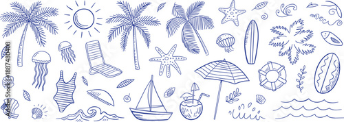 Hand drawn summer beach doodle icons set, tropical vacation elements collection, seaside objects, travel holiday line art illustration, isolated white background