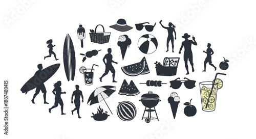 Summer vacation icons and silhouettes of people enjoying