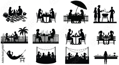 Collection of silhouette people dining and relaxing together