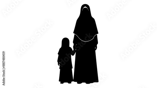 Silhouette illustration depicting a modest woman wearing a niqab holding the small hand of a child, representing maternal guidance, Islamic values, and family connection in a pure graphical form.