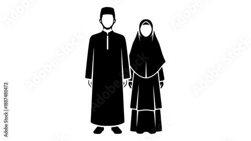 A black and white icon depicting a muslim couple dressed in traditional islamic attire Vector, illustration