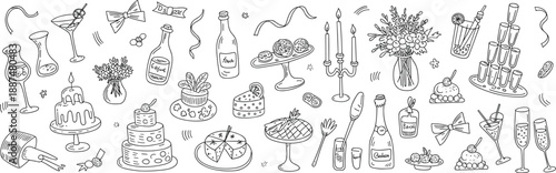 Hand drawn party celebration illustration set with cakes wine bottles glasses candles flowers and festive decor, elegant black and white outline vector design