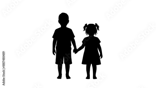 Silhouette of a young boy and girl holding hands, symbolizing childhood bond Vector, illustration