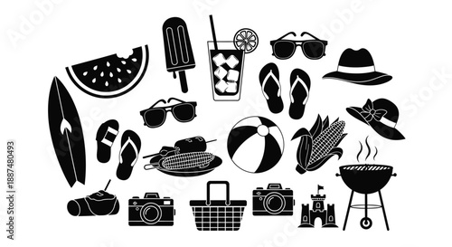 Summer vacation icons set for travel and leisure