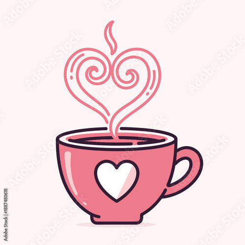 Delightful Pink Coffee Cup Illustration with White Heart Design, Emitting Steamy Vapor that Gracefully Forms a Larger Heart, Symbolizing Love and Warmth