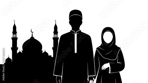 Silhouette of a Muslim couple in traditional clothing walking hand in hand against a mosque backdrop at sunset, conveying love, faith, and cultural harmony in warm lighting.