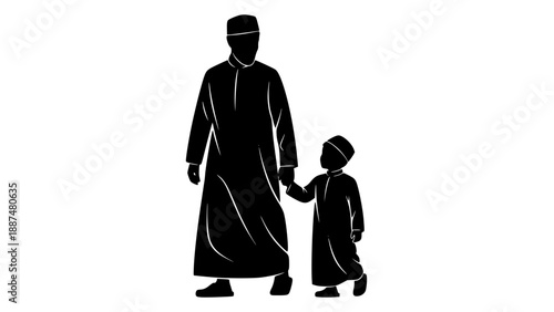 Father and child silhouette walking together at sunset outdoor family bonding moment black and white