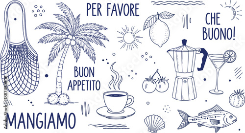 Italian food themed hand drawn illustration with coffee palm lemon fish kitchen objects lettering phrases vintage line art