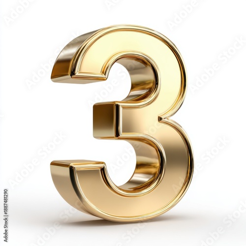 Golden Number Three Isolated On White Background With Soft Shadows And Highlights