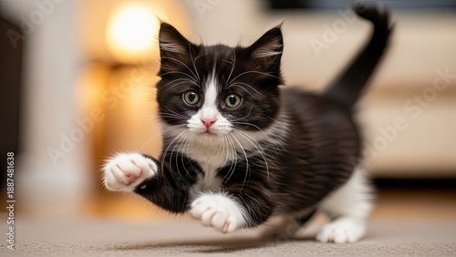 Playful kitten stretching on carpet