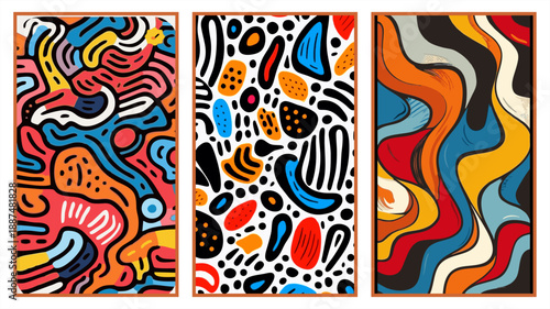 Abstract colorful pattern set with bold organic shapes and flowing lines, modern artistic background inspired by doodle, Memphis, and contemporary graphic design.