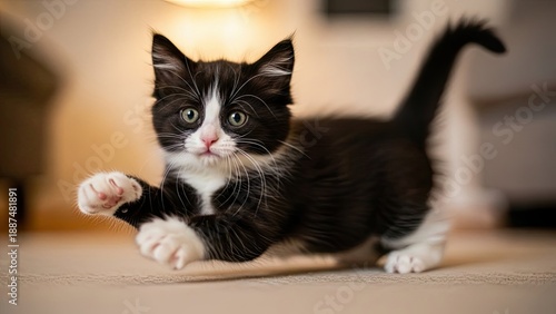 Playful black and white kitten stretching