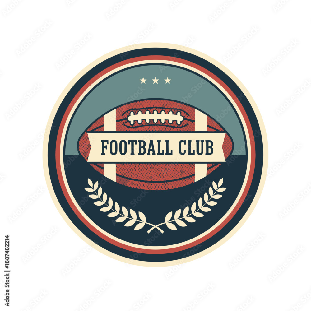 Obraz premium An iconic retro American football club insignia, meticulously designed with a vintage distressed effect, showcasing a traditional ball, banner, and laurel wreath for athletic branding