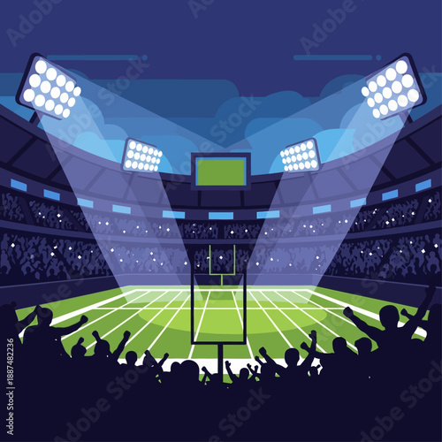 Exciting American football stadium with bright floodlights and cheering crowd at night, perfect for sports and event graphics