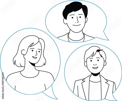 People communicating with speech bubbles illustration, friendly avatars in modern line style, teamwork discussion concept, online chat, customer support, messaging communication vector design