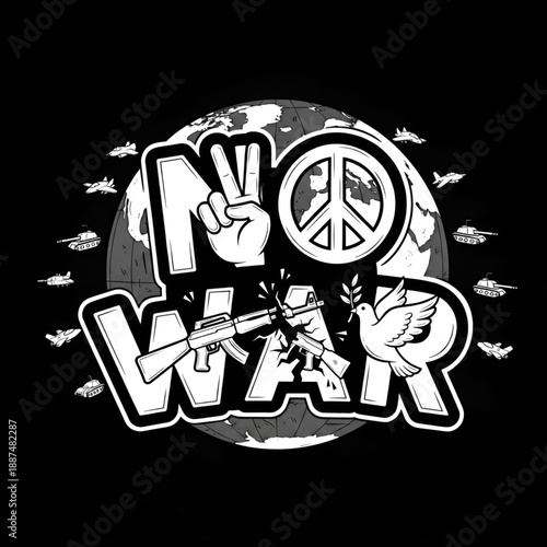 Anti-war vector illustration with No War text, peace sign, dove, and broken rifles on globe background