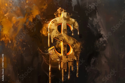 Golden Dollar Sign Melting Down Concept of Inflation and Crisis