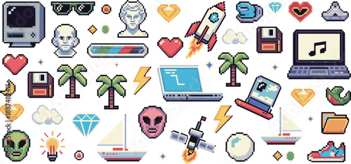 Pixel art retro icon set with technology objects hearts rockets laptops palm trees vintage gadgets colorful 8 bit style vector illustration