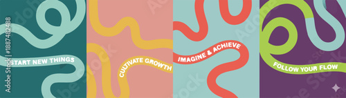 Modern Abstract Wavy Line Vector Graphics Set with Motivational Quotes: 'Start New Things', 'Create Growing', 'Imagine & Achieve', 'Follow Your Flow' isolated PNG with Transparent Background