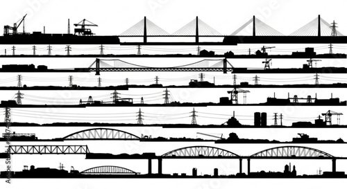 Black and white transportation infrastructure silhouettes arranged in rows