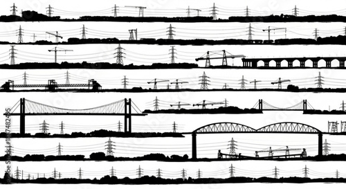 Black and white transportation infrastructure silhouettes arranged in rows