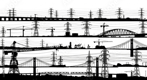 Black and white transportation infrastructure silhouettes arranged in rows