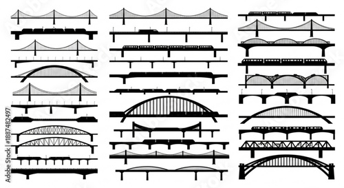 Black and white transportation infrastructure silhouettes arranged in rows