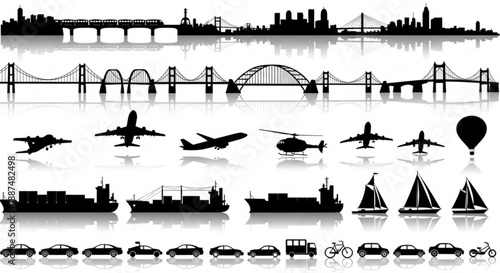 Black and white transportation infrastructure silhouettes arranged in rows