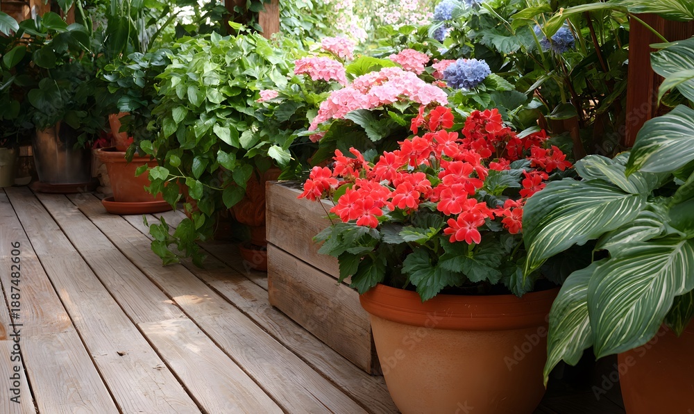 Fototapeta premium terrace garden, vibrant and well cared. Bright red impatiens in full bloom, red and coral begonias, pink and blue hydrangeas in large terracotta pots
