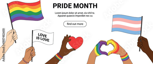 Pride Month celebration illustration with diverse hands holding rainbow and transgender flags hearts and love is love message inclusive LGBTQ vector design