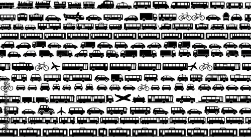 Black and white transportation infrastructure silhouettes arranged in rows