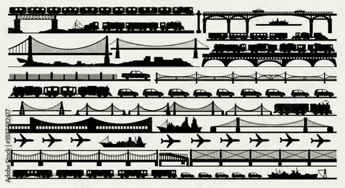 Black and white transportation infrastructure silhouettes arranged in rows