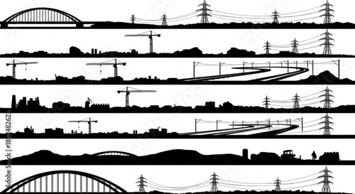 Black and white transportation infrastructure silhouettes arranged in rows