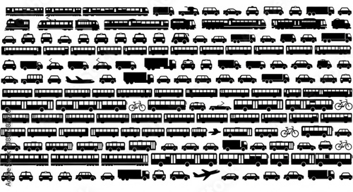 Black and white transportation infrastructure silhouettes arranged in rows
