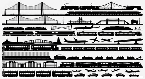 Black and white transportation infrastructure silhouettes arranged in rows