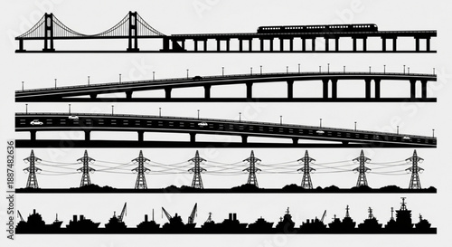 Black and white transportation infrastructure silhouettes arranged in rows