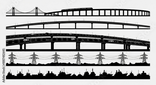 Black and white transportation infrastructure silhouettes arranged in rows