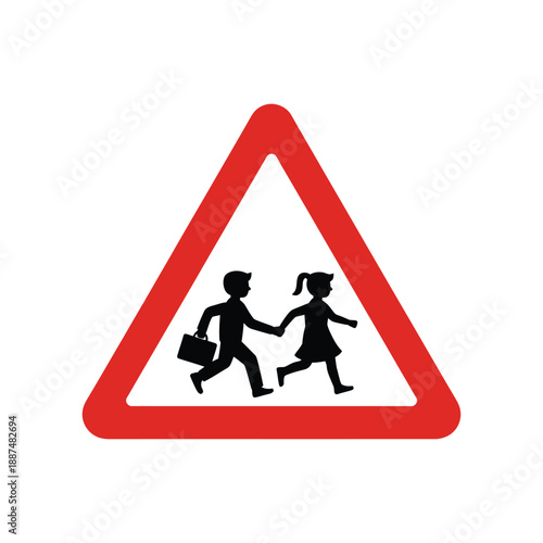 Children crossing school zone warning sign red triangle with black silhouette of two children walking