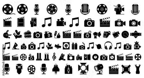 Black and white entertainment and media silhouettes arranged in vector rows