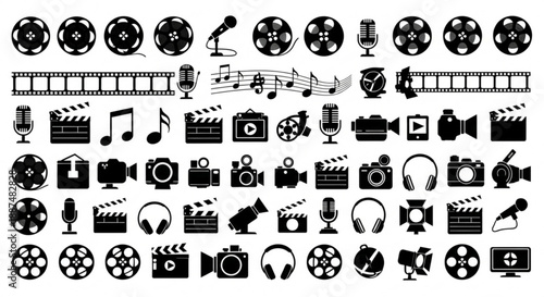 Black and white entertainment and media silhouettes arranged in vector rows