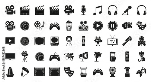 Black and white entertainment and media silhouettes arranged in vector rows