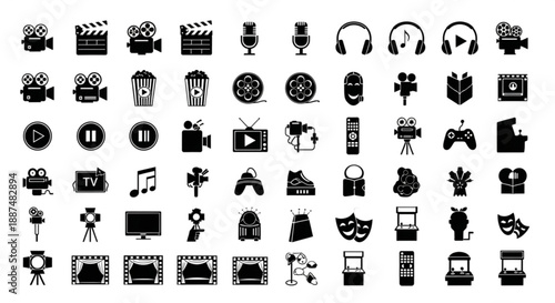 Black and white entertainment and media silhouettes arranged in vector rows