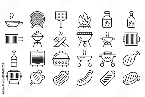 Grill and Barbecue Line Icons for Cooking Apps, Catering Interfaces