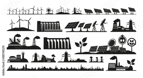 Black and white renewable energy silhouettes arranged in vector rows
