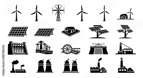 Black and white renewable energy silhouettes arranged in vector rows