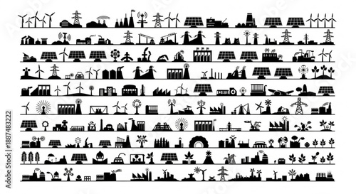 Black and white renewable energy silhouettes arranged in vector rows