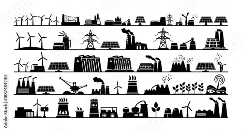 Black and white renewable energy silhouettes arranged in vector rows