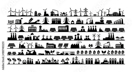 Black and white renewable energy silhouettes arranged in vector rows